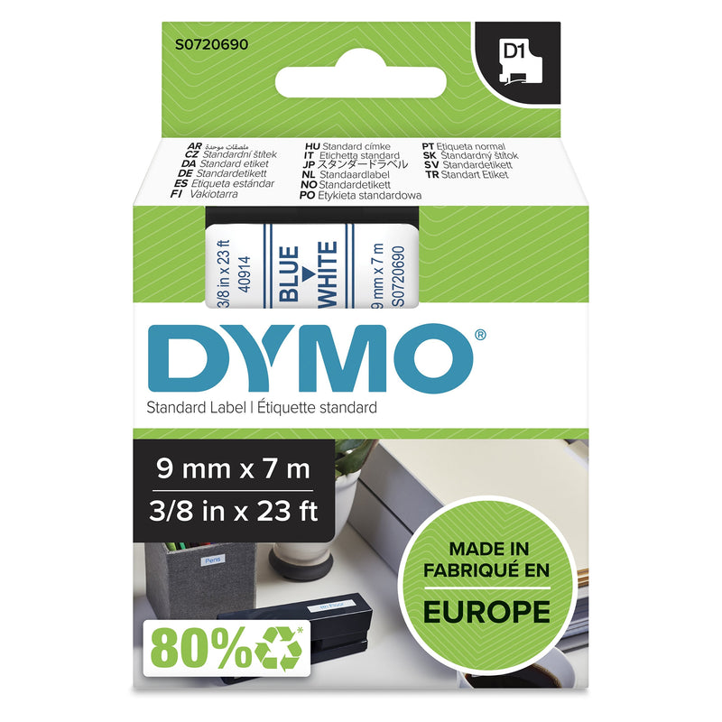 Dymo D1 Standard - Blue On White - 9MM Tape Printer Labels