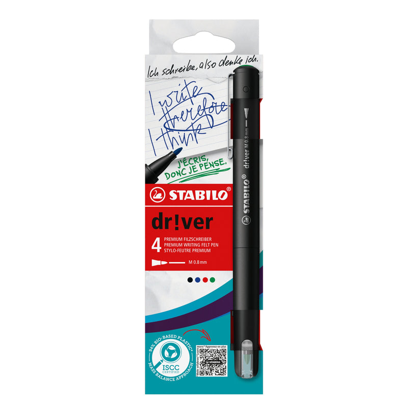 Stabilo Dr!ver Pack 4 Markers Punta Media 0.8MM - Ink a Prueba Manchas, Inodora And With Base Water -
