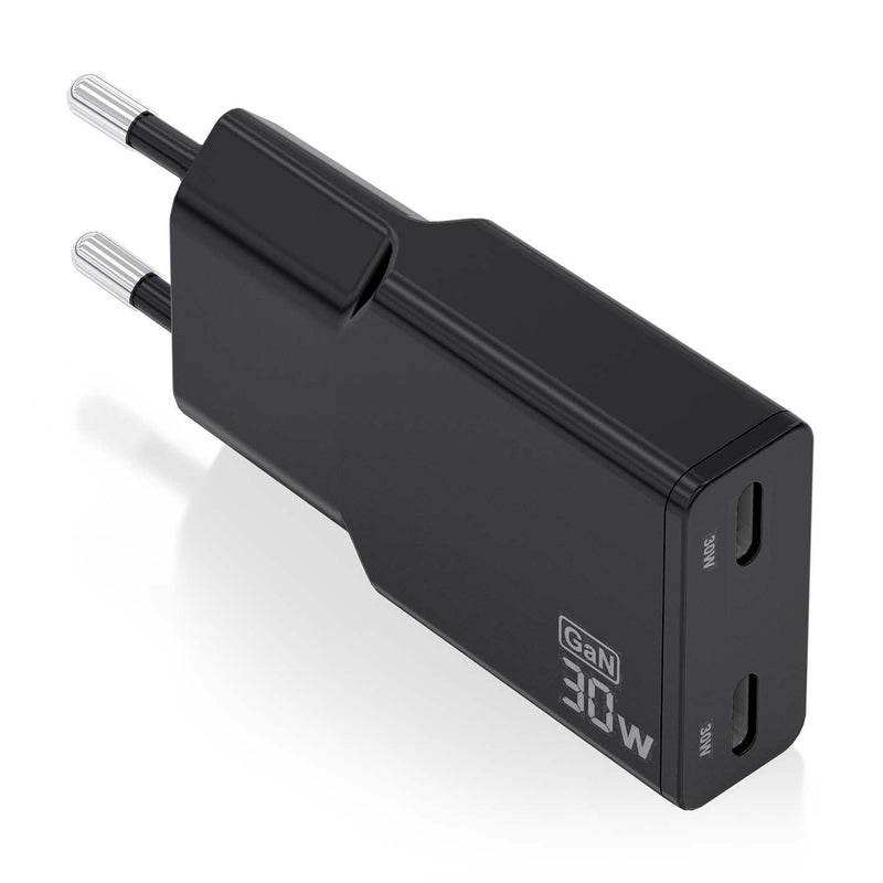 Aisens Charger GaN Ultra Slim 30W, 2x USB-C PD 3.0 QC4.0, Black