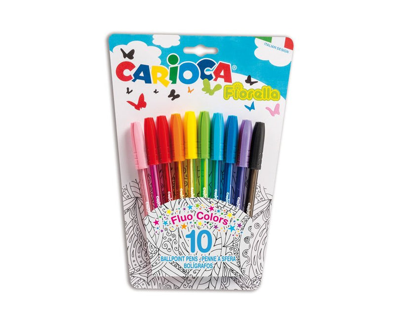 Carioca Fiorella Pack 10 Pens - Punta Esfera - Body Transparent Fluo - Punta Ø 1MM - Escritura Glossy