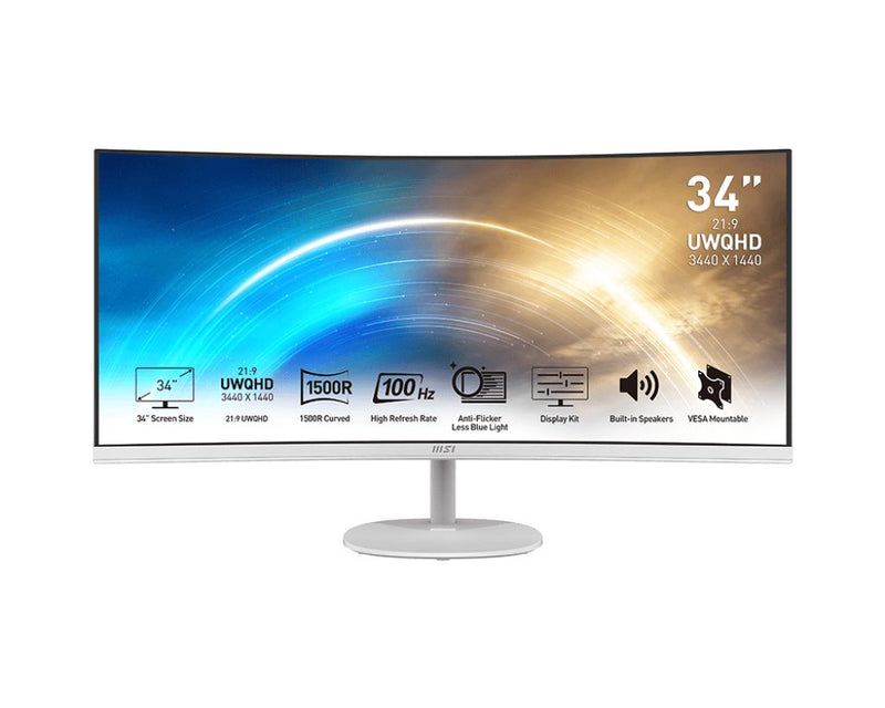 MSI Monitor Pro MP341CQWDE LED 34 Blanco Wqhd, Va, Curved Panel 100HZ 9S6-3PB2CT-010