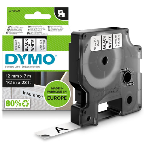 Dymo Tape Rotuladora Self-adhesive D1 12MM X 7 Metres Length Rotuladoras Label Manager, Black Sobre White — image 1