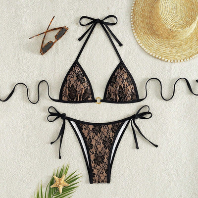 Sexy Slimming Backless Lace Triangle Bikini Set With Straps