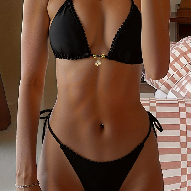 Solid-color Pendant With Delicate Floral Trim And Ruffled Details Swimsuit Set
