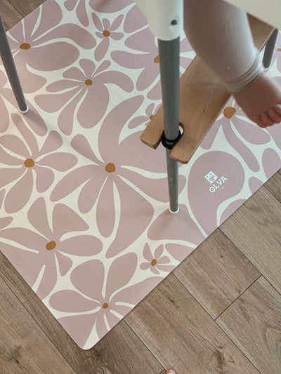 Kids Mealtime Floor Mat, Non-Slip & Waterproof - Daisy Pink