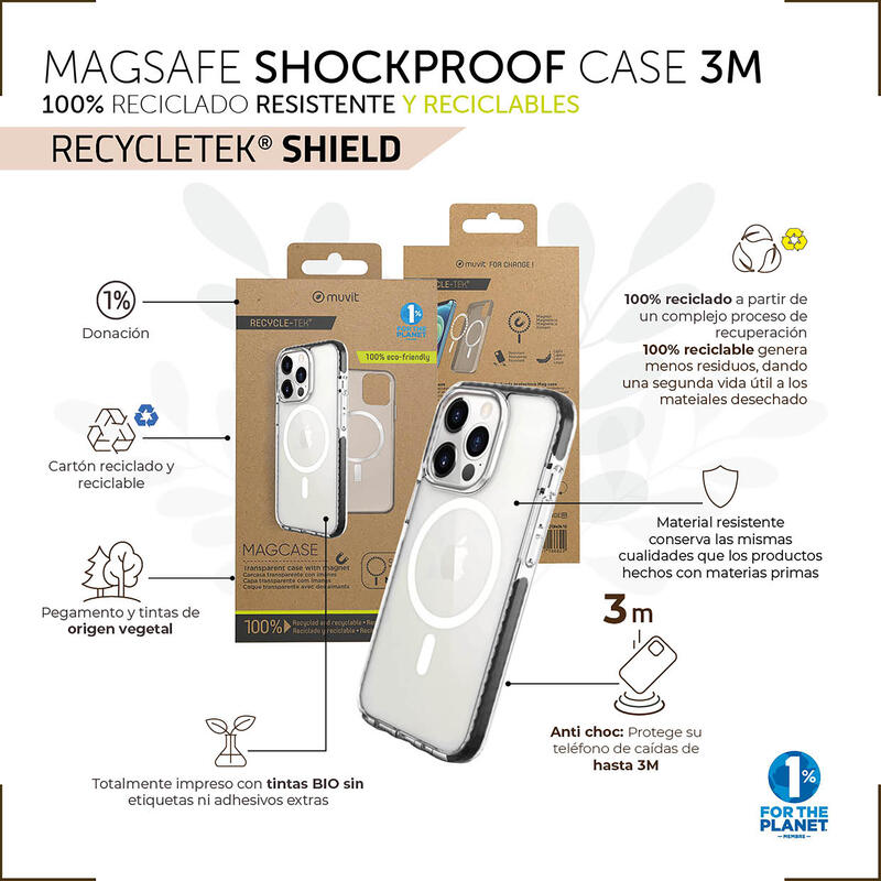 Muvit For Change Case Recycletek Magsafe Shockproof 3M Compatible With Apple Iphone 14 Pro Max. Transparent/Bl