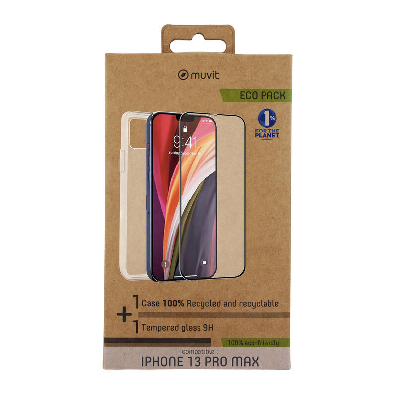 Muvit For Change Pack Apple Iphone 13 Pro Max. Case Glass Soft + Screen Protector Glass Tempered Flat Frame Bl