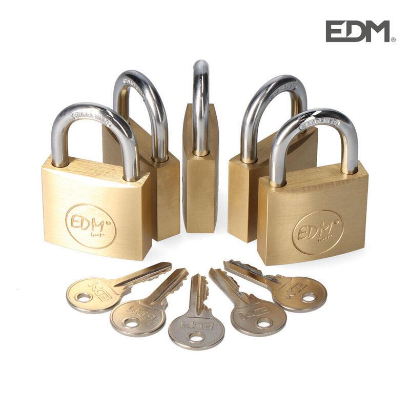 EDM Pack 5 Candados Laton Arco Normal 5 Keys Iguales 40X23MM