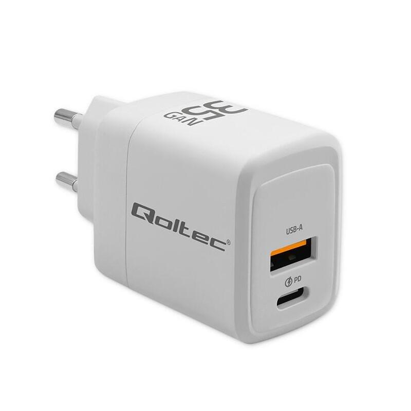 Qoltec 35W GaN 5-20V 1.5-3A 1 X USB-C PD 1 X USB Qc 3.0 Biala