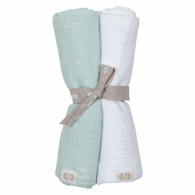 SWATRI Cotton Muslin Swaddle Cloths, Set of 2 – Mint Print/White